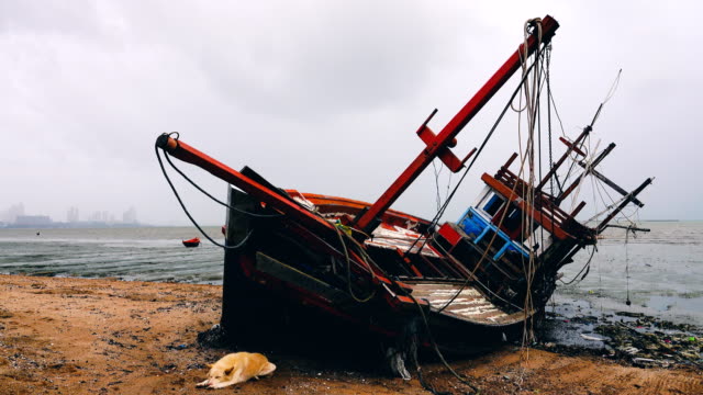 4k: Abandoned Old Fishing Boat decaying on the Beach
