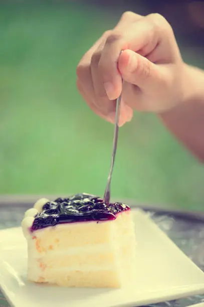 Blueberry cake with woman hand and fork