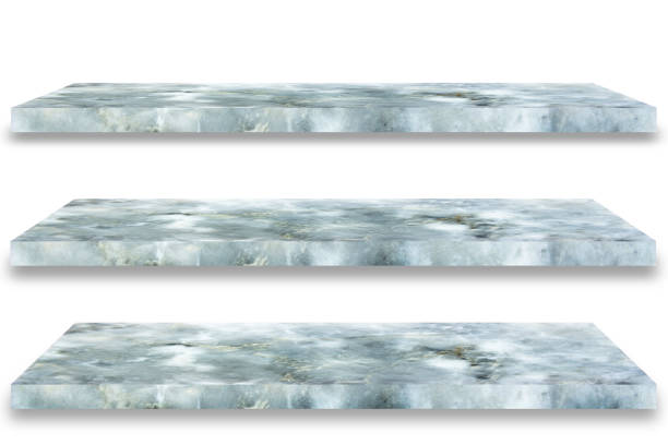 istock Three empty top of granite marble table or Empty top marble shelves on white background / For product display / clipping path 974679350