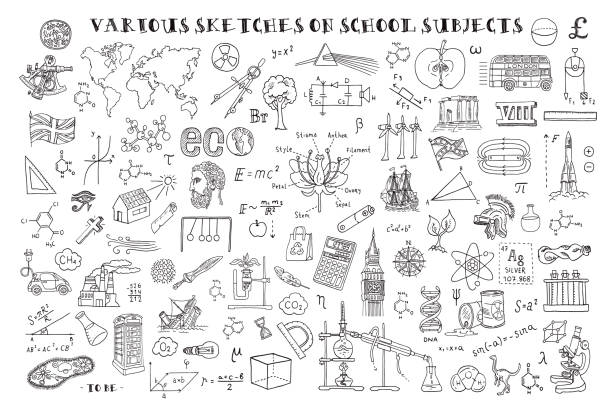 Various sketches on school subjects. Hand sketches on the theme of Maths and geometry. Vector illustration. Doodle set. Various sketches on school subjects. Hand sketches on the theme of Maths and geometry. Vector illustration. Doodle set. how to draw a school building clip art stock illustrations