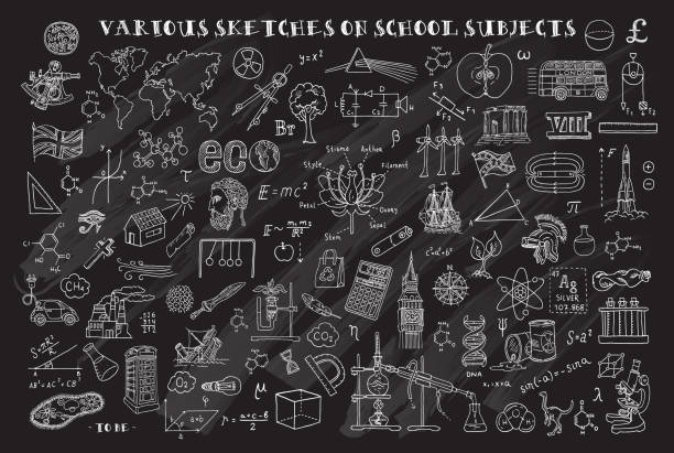 illustrations, cliparts, dessins animés et icônes de divers croquis sur les matières scolaires. croquis sur le thème des mathématiques et de géométrie de la main. tableau noir. illustration vectorielle. doodle ensemble. - social history