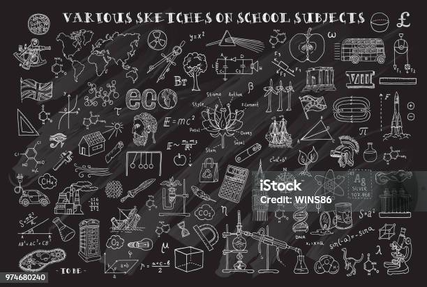 Various Sketches On School Subjects Hand Sketches On The Theme Of Maths And Geometry Chalkboard Vector Illustration Doodle Set Stock Illustration - Download Image Now