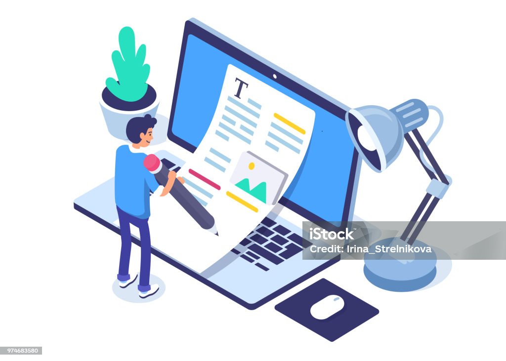 copywriting Copywriting concept banner with character. Can use for web banner, infographics, hero images. Flat isometric vector illustration isolated on white background. Writing - Activity stock vector