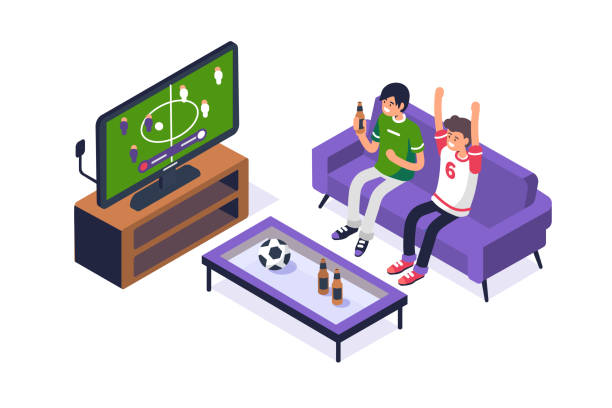 football Football fans watching game on tv. Can use for web banner, infographics, hero images. Flat isometric vector illustration isolated on white background. men watching soccer game stock illustrations
