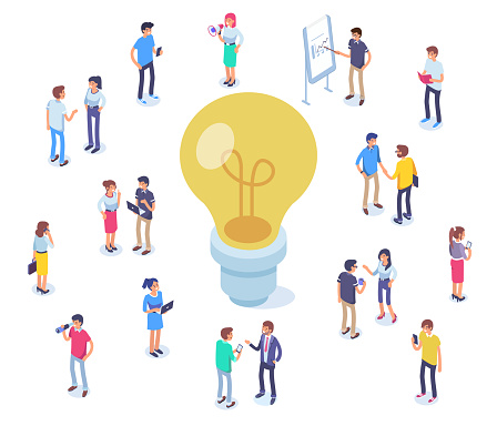 Idea concept image with characters. Can use for web banners, infographics, hero images. Flat isometric vector illustration isolated on white background.