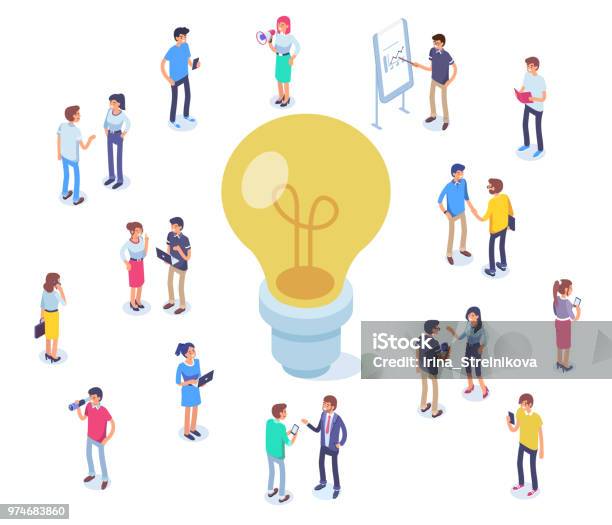 Idea Stock Illustration - Download Image Now - Isometric Projection, Light Bulb, People