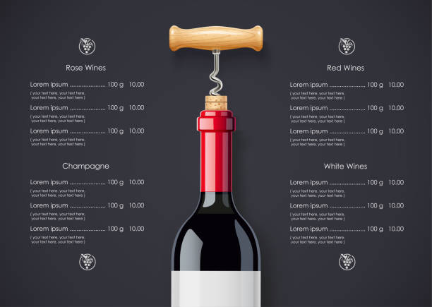 illustrazioni stock, clip art, cartoni animati e icone di tendenza di bottiglia di vino rosso, sughero e concept design cavatappi per la lista dei vini - wine cork wine bottle bottle