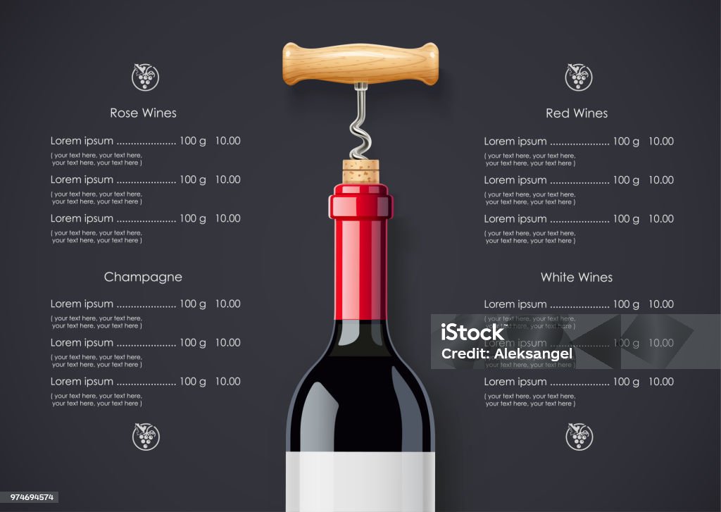 Red Wine bottle, cork and corkscrew concept design for Wines list Red Wine bottle, cork and corkscrew concept design for wines list in dark background. Drink menu. Bottled alcohol beverage. EPS10 vector illustration. Wine stock vector