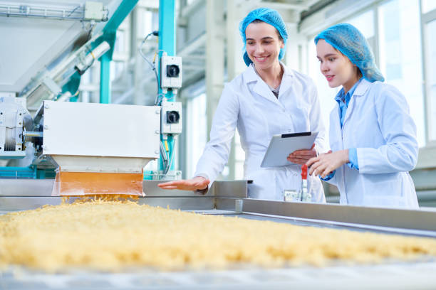 Young Women Working at Food Factory Waist up portrait of  two young female workers wearing lab coats standing by  conveyor line with macaroni  in clean production workshop, copy space food staple stock pictures, royalty-free photos & images
