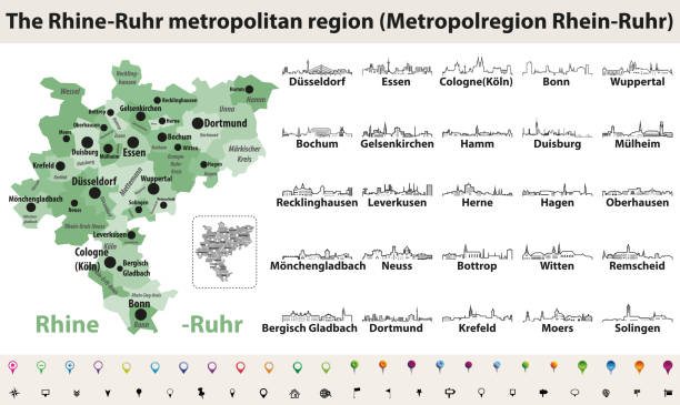 illustrations, cliparts, dessins animés et icônes de icônes de contour vector de skylines des grandes villes de la région métropolitaine rhin-ruhr - nrw