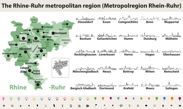 vector outline icons of the Rhine-Ruhr metropolitan region's major cities skylines vector outline icons of the Rhine-Ruhr metropolitan region's major cities skylines essen germany stock illustrations
