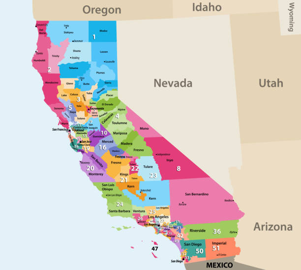 mapa wektorowa kalifornijskich okręgów kongresowych z najbliższymi stanami i terytoriami - central california illustrations stock illustrations