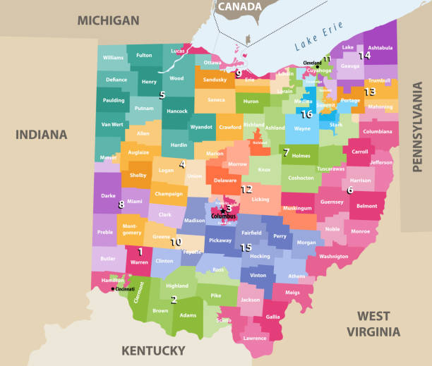 vector map of Ohio congressional districts with nearest states and territories vector map of Ohio congressional districts with nearest states and territories columbus ohio sign stock illustrations