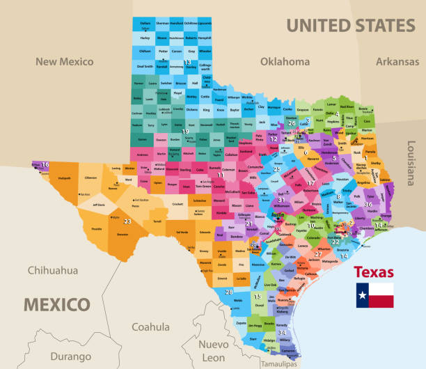 ilustraciones, imágenes clip art, dibujos animados e iconos de stock de mapa del vector de distritos electorales de texas con cercanos estados y territorios - territories