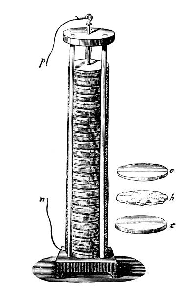 ilustrações de stock, clip art, desenhos animados e ícones de voltaic pile invented by the italian physicist alessandro volta (1745-1827) - voltaic