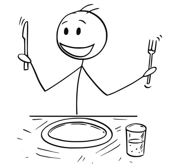 Cartoon Of Hungry Man With Fork And Knife Waiting For Food Stock  Illustration - Download Image Now - iStock