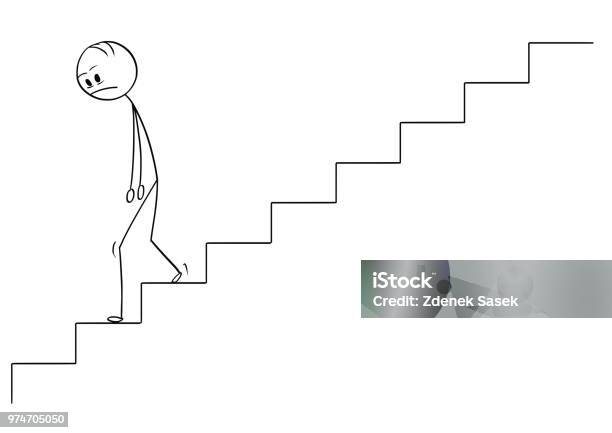 Cartoon Of Sad And Depressed Man Or Businessman Walking Downstairs Stock Illustration - Download Image Now