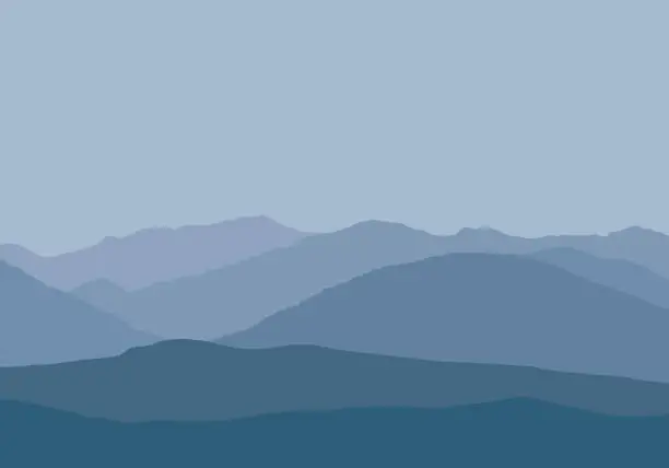 Vector illustration of Vector illustration of mountain peaks in misty haze under gray-blue sky - simple flat