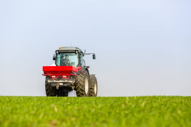istock Farmer in tractor fertilizing wheat field at spring with npk 974713970