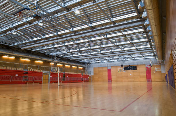 istock Empty Red Sports Hall with Metal Roof 97471843