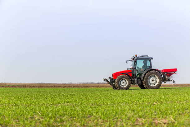 istock Farmer in tractor fertilizing wheat field at spring with npk 974722560
