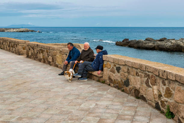 three man and a dog Castelsardo,Ital,11-April-2018:Three man sitting on a bench and communicate about life in Castelsardo,castelsardo is famous of the skyline and the old castle and get a lot of tourists castelsardo photos stock pictures, royalty-free photos & images