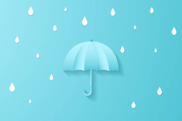 istock Digital craft paper art umbrella with rain drop minimal style , abstract blue background , rainy season , vector illustration 974728056