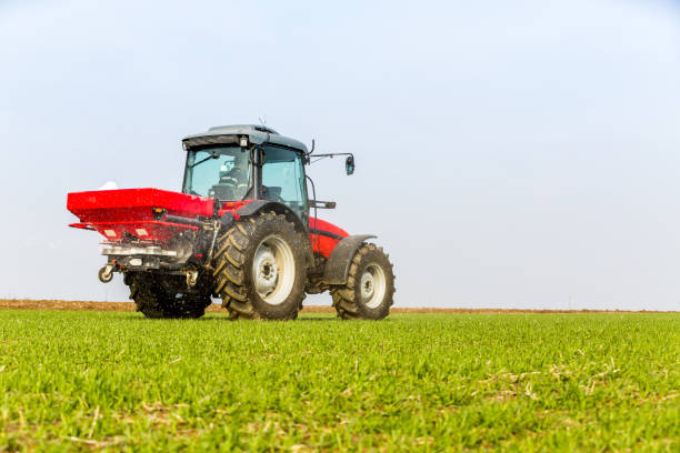 istock Farmer in tractor fertilizing wheat field at spring with npk 974728918