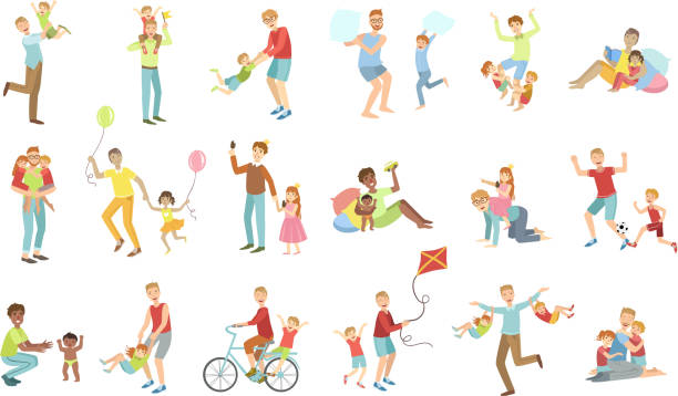 Fathers Playing With Kids Set Of Illustrations Fathers Playing With Kids Set Of Simple Childish Flat Colorful Illustrations On White Background family fun stock illustrations