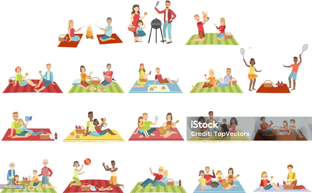 Families On Picnic Outdoors Families On Picnic Outdoors Bright Color Cartoon Simple Style Flat Vector Set Of Stickers Isolated On White Background Picnic stock vector