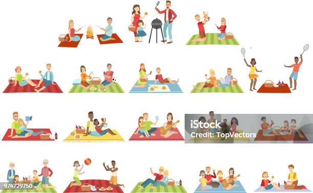 Families On Picnic Outdoors Stock Illustration - Download Image Now - Picnic, Family, Child