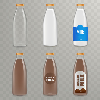 Milk bottle mockup. Chocolate milk. Vector glass empty bottle mock-up isolated on transparent background. Design of labels. Vector eps 10.