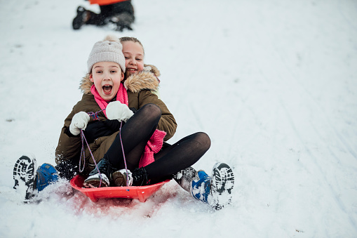 Two little girls are going down a snowy hill together on a sleigh.