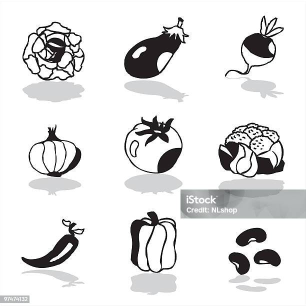 Овощи Икона Набор 1 — стоковая векторная графика и другие изображения на тему Баклажан - Баклажан, Без людей, Белый