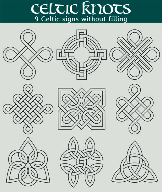 ilustraciones, imágenes clip art, dibujos animados e iconos de stock de signos celtas sin relleno - celtic culture tied knot frame braided