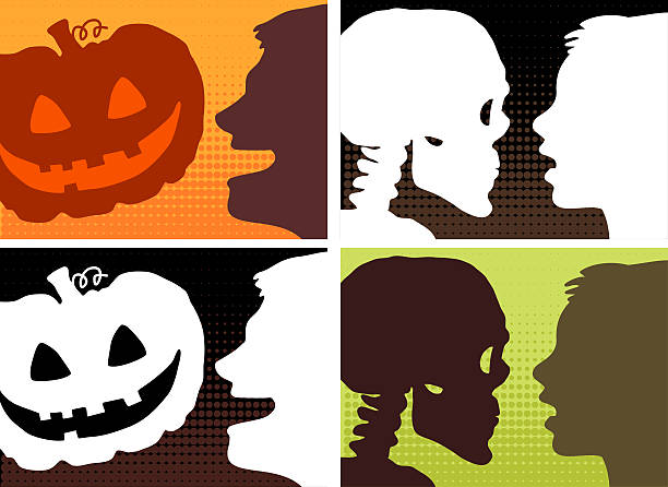 펌프킨, 스켈레톤 - halloween pumpkin human face laughing stock illustrations