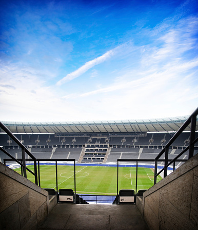 Newcastle upon Tyne, United Kingdom – January 29, 2023: Wide angle view of Newcastle United football club St. James' Park soccer stadium in the city of Newcastle upon Tyn