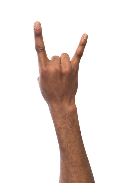 istock Male black hand making rock'n'roll gesture isolated on white 974757570