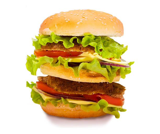 istock Perfect hamburger classic burger american cheeseburger with cheese, bacon, tomato and lettuce isolated on a white background. 974757778