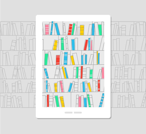 e-library, ebook, ilustrasi konsep - bookshelf ilustrasi stok