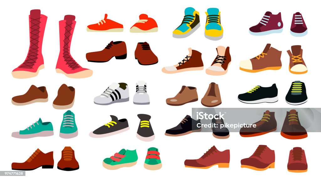 Footwear Set Vector. Fashionable Shoes. Boots. For Man And Woman. Web Icon. Flat Cartoon Isolated Illustration Footwear Set Vector. Stylish Shoes. For Man And Woman. Sandals. Different Seasons. Design Element. Flat Cartoon Isolated Illustration Shoe stock vector