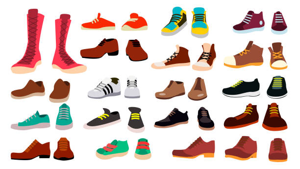 Footwear Set Vector. Fashionable Shoes. Boots. For Man And Woman. Web Icon. Flat Cartoon Isolated Illustration Footwear Set Vector. Stylish Shoes. For Man And Woman. Sandals. Different Seasons. Design Element. Flat Cartoon Isolated Illustration shoes stock illustrations