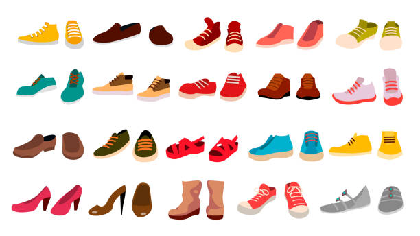 Footwear Set Vector. Stylish Shoes. For Man And Woman. Sandals. Different Seasons. Design Element. Flat Cartoon Isolated Illustration Footwear Set Vector. Fashionable Shoes. Boots. For Man And Woman. Web Icon. Flat Cartoon Isolated Illustration shoes stock illustrations