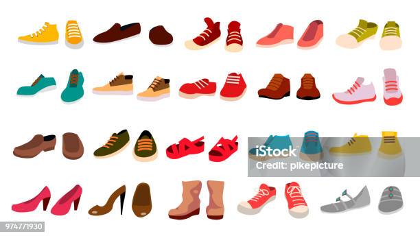 Footwear Set Vector Stylish Shoes For Man And Woman Sandals Different Seasons Design Element Flat Cartoon Isolated Illustration Stock Illustration - Download Image Now