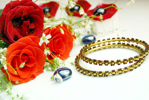 Bracelets. Women's jewelry on a dark background. Metal products. Fashion. Copy space