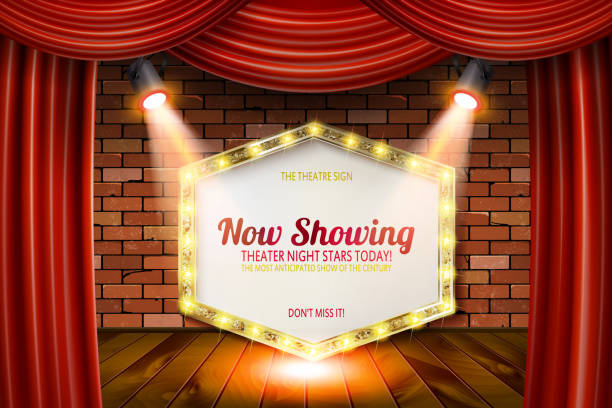 Golden frame in cinematic style Golden frame in cinematic style on brick wall and red curtain background with spotlights. Vector illustration opera stock illustrations