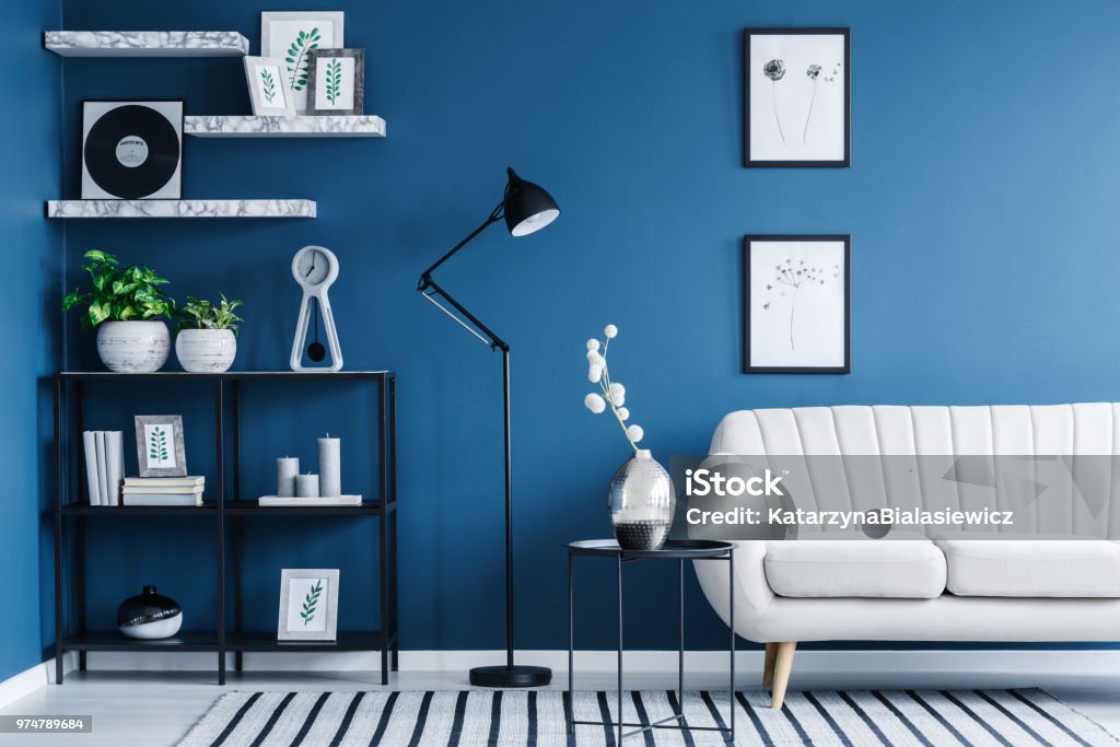 Black metal rack Fresh green plants, candles and books placed on black metal rack in blue living room interior with simple posters and bright sofa Domestic Room Stock Photo