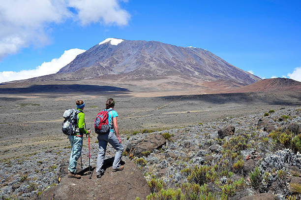 Two ladies hiking Mt Kilimanjaro on a sunny clear day Two women overlook the Marangu Route on Mt. Kilimanjaro in Tanzania. mt-kilimanjaro stock pictures, royalty-free photos & images