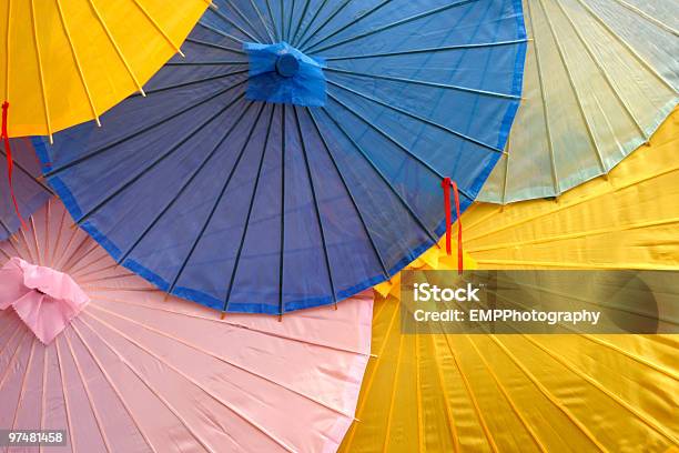 Group Of Coloful Parasols Stock Photo - Download Image Now - Art Product, Backgrounds, Blue