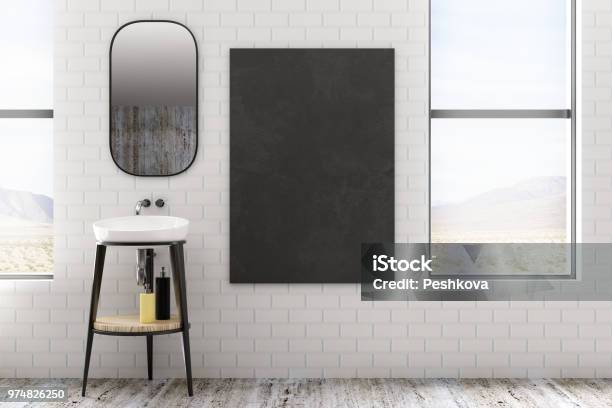 Contemporary Bathroom Interior With Empty Billboard Stock Photo - Download Image Now